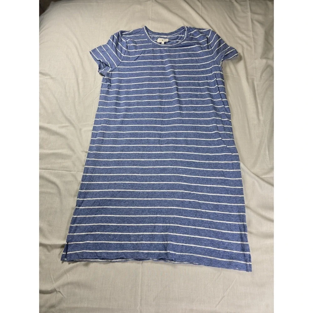 Lou & Grey Dress Womens Large Blue White Striped Linen Blend T-Shirt Casual‎